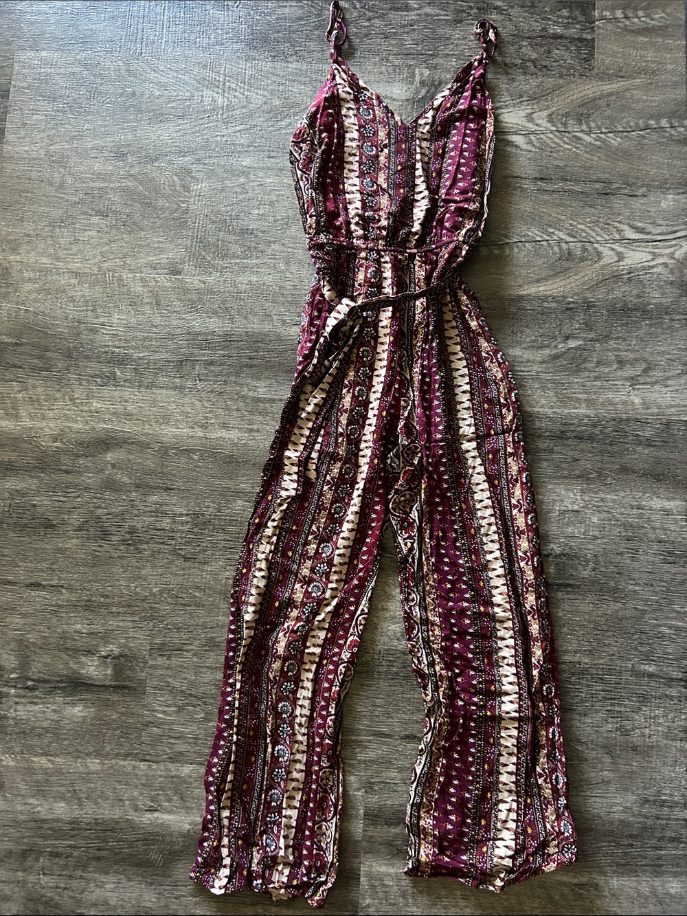 Forever 21 Burgundy Patterned Spaghetti Strap Jumpsuit